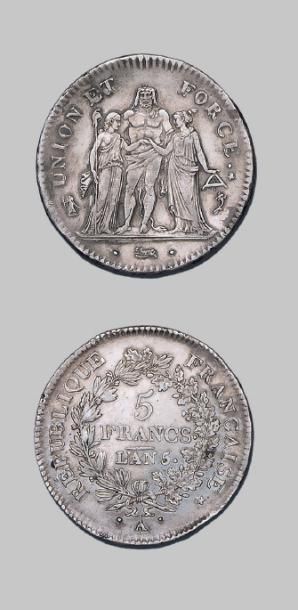 null DIRECTOIRE (1795-1799)
5 francs Union et Force. An 5. Paris.
G. 563. Presque...