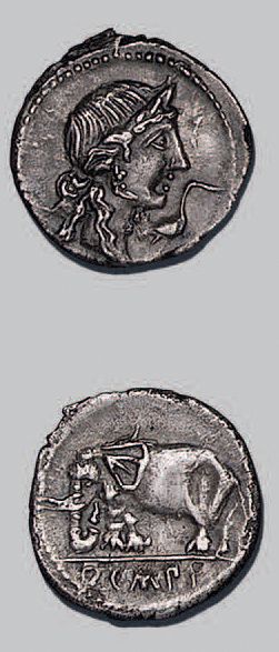 null CAECILIA (47-46 av. J.-C.)
Denier. Tête de Jupiter à droite.
R/ Éléphant marchant...