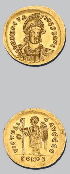 null ANASTASE (491-518)
Solidus. Constantinople. 4,49 g.
Son buste armé de face.
R/...