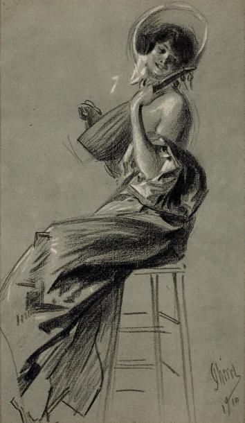 Jules CHÉRET (1836-1932) Jeune femme à la mandoline, 1910 Dessin au fusain et à l'estompe...