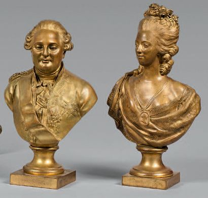 null Bustes de Louis XVI et Marie-Antoinette en bronze doré.
Bases à piédouche.
Portent...
