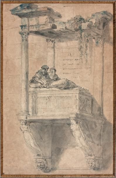 Hubert ROBERT (1733-1808) 
Tombeau antique et à demi ruiné, supporté par deux génies...