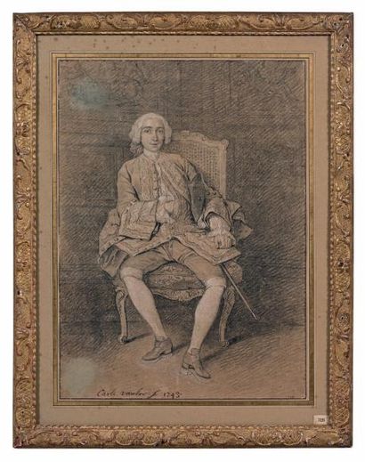 Carle Van LOO (Nice, 1705 - Paris, 1765) 
Portrait de jeune homme assis
Pierre noire,...