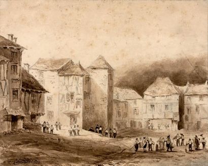 Auguste-Xavier LEPRINCE (1799-1826) 
Place de village avec personnages
Lavis d'encre...