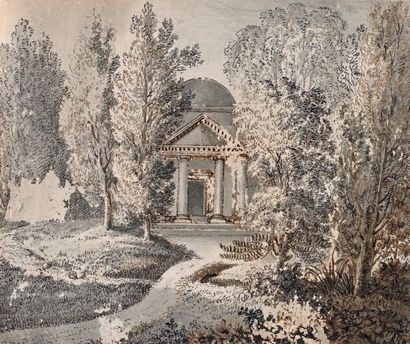 École FRANÇAISE du début du XIXe siècle 
- Paysage et portail
Lavis gris.
15,3 x...