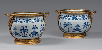 null Paire de cache-pots en porcelaine de Chine ornés de rinceaux fleuris bleus.
Époque...