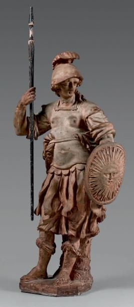 null Grande statuette en terre cuite représentant Athéna casquée en armure tenant...