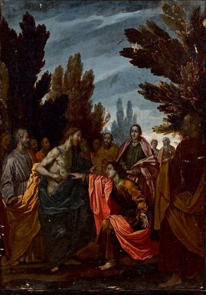 Ecole italienne du XVIIe siècle 
L'incrédulité de Saint Thomas
Huile sur toile, rentoilée.
(Accidents).
54...