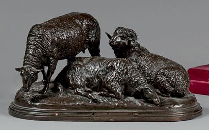 Isidore BONHEUR (1827-1901) 
Bélier et deux brebis
Statuette en bronze à patine médaille,...