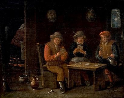 Ecole Flamande du XVIIIe siècle 
Trois joueurs de cartes dans une auberge
Huile sur...