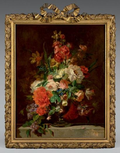 Henri DUVIEUX*** 
Bouquet de fleurs dans un vase sur un entablement
Deux huiles sur...