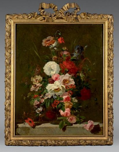 Henri DUVIEUX*** 
Bouquet de fleurs dans un vase sur un entablement
Deux huiles sur...