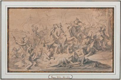 François VERDIER (1651-1730) 
Combat des Amazones
Pierre noire, lavis.
15 x 24,5...