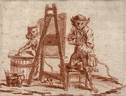 École FRANÇAISE du XVIIIe siècle 
Deux singes peintres
Sanguine.
24,5 x 32 cm
Cadre...