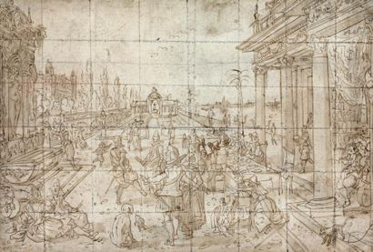 Entourage de Sébastien VRANCX (1573-1647) 
Banquet et danseurs sur la terrasse d'un...