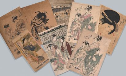 null Ensemble de huit estampes par différents artistes dont Eiri, Eishi, Kiyonobu,...