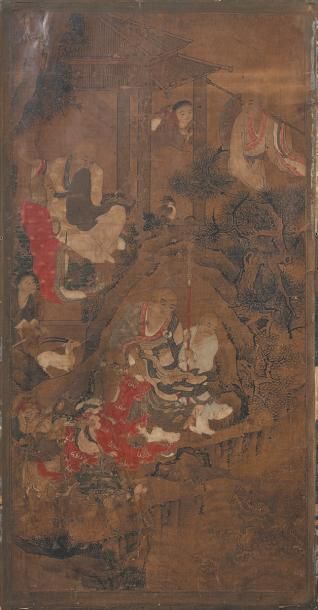 CHINE - Epoque MING (1368-1644) Fragment de peinture, encre et couleurs sur papier,...