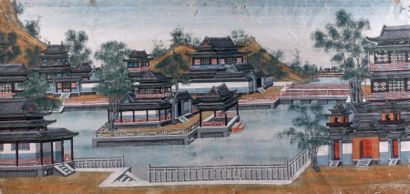 CHINE - XIXe siècle Deux peintures en largeur, huile sur toile, pavillons et pagodes...