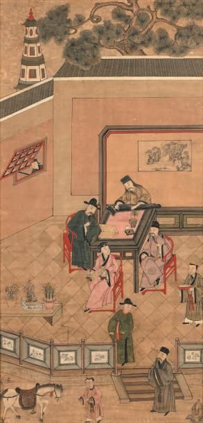 CHINE - XIXe siècle Encre polychrome sur papier, lettrés dans un jardin s'adonnant...