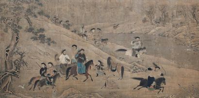 CHINE - XIXe siècle Encre et couleurs sur papier, représentant une scène de chasse...