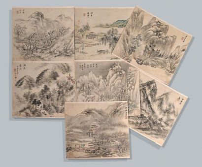 CHINE - XIXe siècle Ensemble de sept feuilles d'un album, encre et couleurs sur papier,...