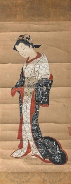 JAPON - XIXE SIÈCLE Encre et couleurs sur papier, représentant une jeune femme debout.
(Pliures...