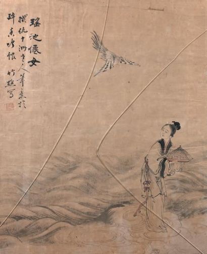 CHINE - XIXe siècle Encre et couleurs sur papier, représentant une déesse tenant...