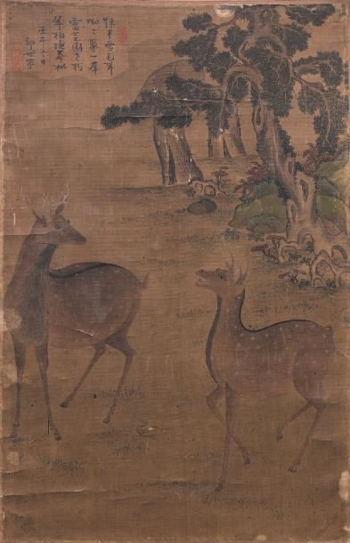 CHINE - XIXe siècle Encre et couleurs sur soie, représentant un couple de daims.
Signature...