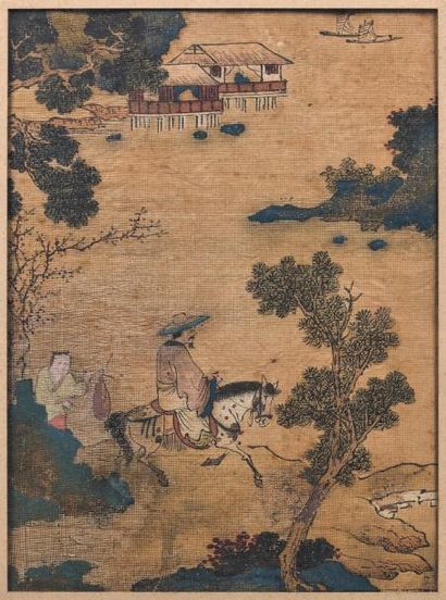 CHINE - XXe siècle Encre et couleurs sur toile, représentant un lettré sur sa mule,...