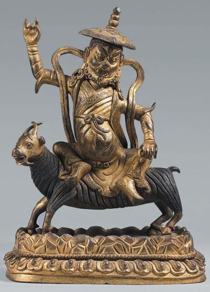 TRAVAIL SINO-TIBETAIN - XVIIIe-XIXe siècle Statuette en bronze doré de Dam-Can, assis...