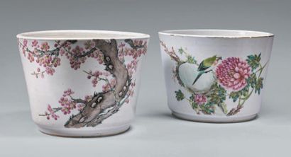 CHINE - XXe siècle Deux cache-pots en porcelaine à décor émaillé polychrome d'oiseau,...