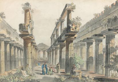 École ITALIENNE de la fin du XVIIIe siècle 
Vue des deux rangées de colonnes du temple...