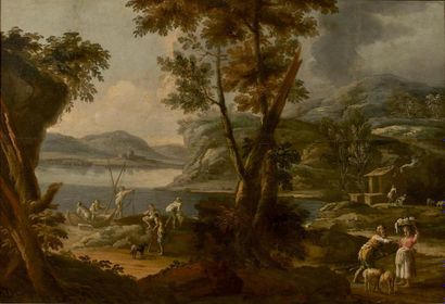 Ecole italienne du XVIIe siècle 
Paysans et pêcheurs dans un paysage lacustre
Huile...
