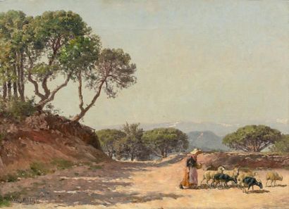 William Baptiste BAIRD (Chicago, 1847 - 1917) 
Bergère et son troupeau dans un paysage...