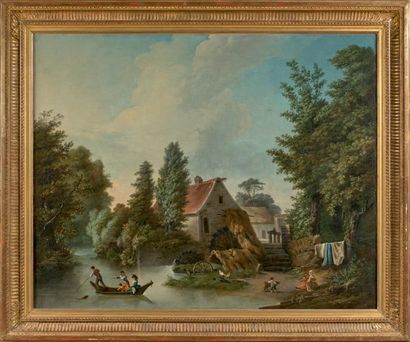François HUET, dit VILLIERS-HUET (1772-1815) 
Moulin à eau avec barque et personnages
Scène...