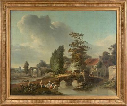 François HUET, dit VILLIERS-HUET (1772-1815) 
Moulin à eau avec barque et personnages
Scène...