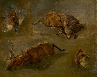 Louis-Charles BOMBLED (1862-1922) 
Études de cerfs et faisans
Huile sur toile, rentoilée,...