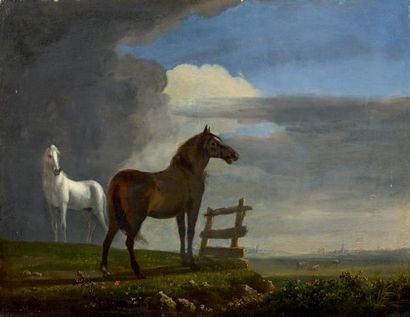 École HOLLANDAISE du XIXe siècle 
Deux chevaux au pré, d'après Paul Potter
Huile...