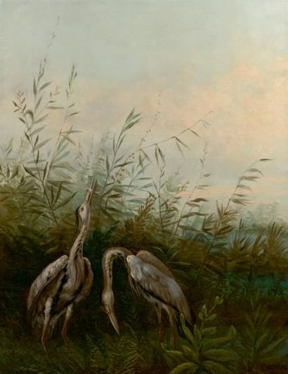 J. DAUPHIN 
Paysage aux hérons
Huile sur toile.
134 x 102 cm