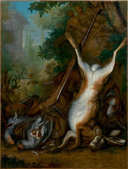 Isaak OUWATER (1750-1793) 
Trophée de chasse: oiseaux et lièvre
Huile sur toile,...