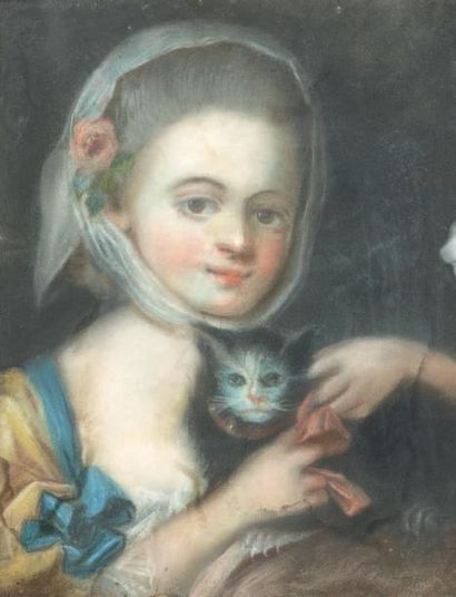 École FRANÇAISE du XVIIIe siècle 
Portrait de jeune fille au chat
Portrait de jeune...