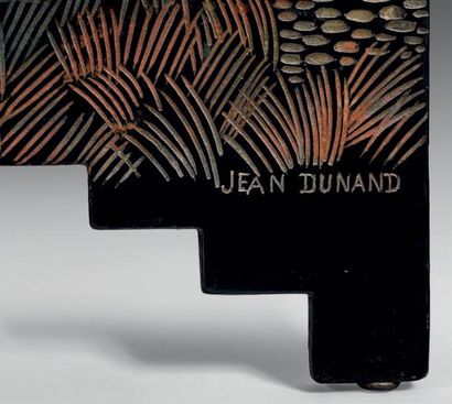 Jean DUNAND (1877-1942) 
Paravent quatre feuilles «Bretagne 1926» en laque bleu cobalt...