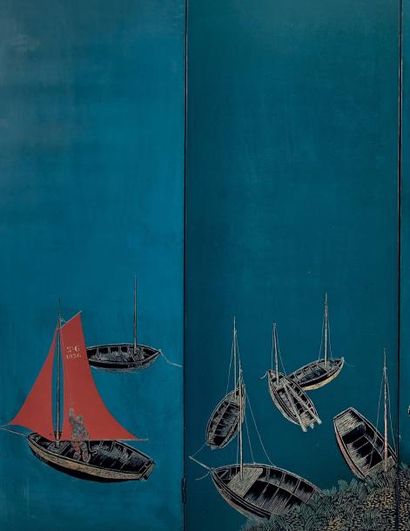 Jean DUNAND (1877-1942) Paravent quatre feuilles «Bretagne 1926» en laque bleu cobalt...