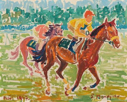 Serge MENDJISKY (Né en 1929) 
Deux jockeys, 1967
Huile sur toile, signée en bas vers...