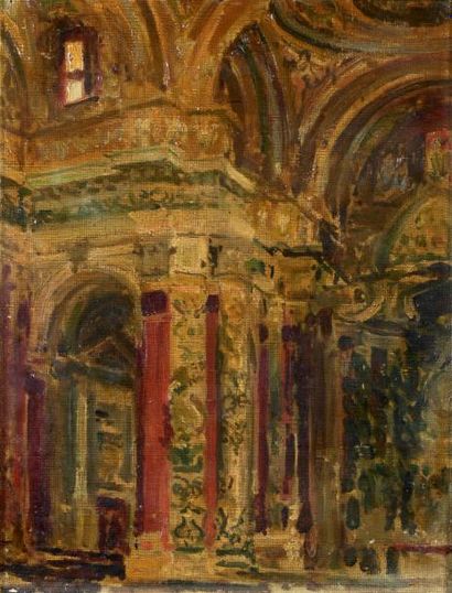 Jacques-Emile BLANCHE (1861-1942) 
Intérieur d'église (Venise?)
Huile sur carton...