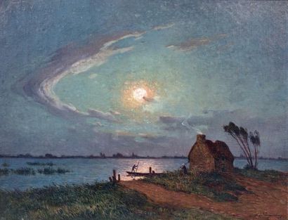 Ferdinand Loyen du PUIGAUDEAU (1864-1930) 
Vue de Brière au clair de lune
Huile sur...