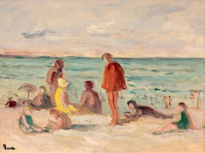 Maximilien Luce (1858-1941) Le Tréport la plage
Huile sur papier marouflé sur toile,...