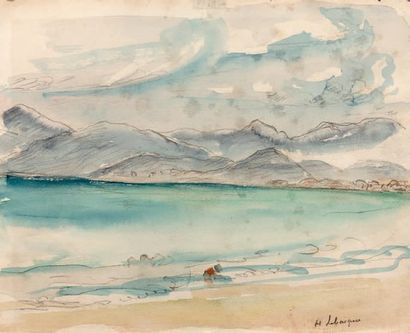 Henri LEBASQUE (1865-1937) 
Fillette en bord de mer
Aquarelle, signée en bas vers...