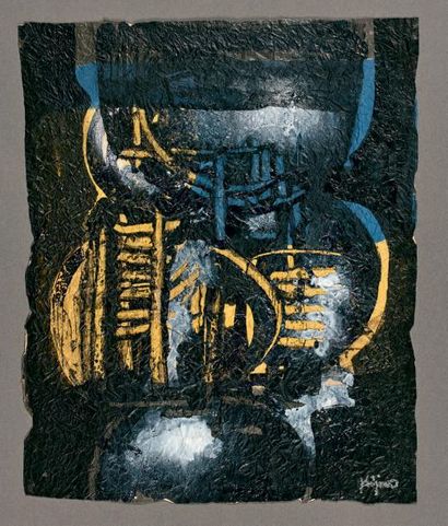 Ladislas KIJNO (1921-2012) 
Sans titre fond noir
Peinture sur papier froissé, signée...
