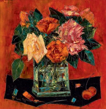 TONY AGOSTINI (1916-1990) 
Bouquet de roses
Huile sur toile, signée en bas vers la...